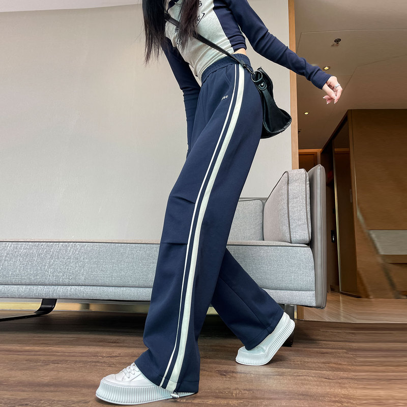 La Chapelle Women's Sports Sweatpants, New Autumn and Winter High-Waisted Slimming American-Style Straight-Leg Pants, Navy Blue Fleece-Lined Casual Pants