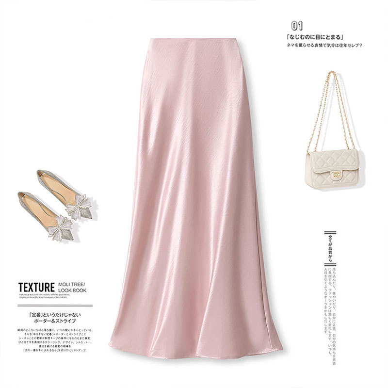 Pink Acetate Skirt for Women, Summer Silk Satin Skirt, Light Luxury, High-End Feel, Hip-Hugging, Super Popular Fishtail Long Skirt