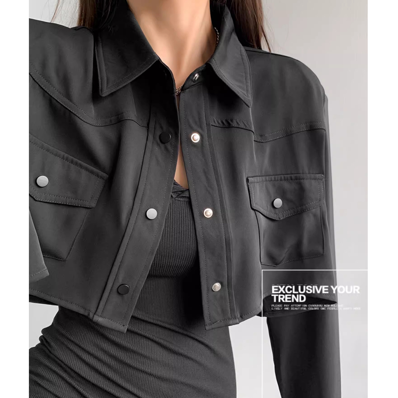 Short Thin Jacket for Women, Spring Blouse, Work Jacket, Shirt, High-Waisted, Cropped, Long-Sleeved, Lapel, Pocket, Small Suit
