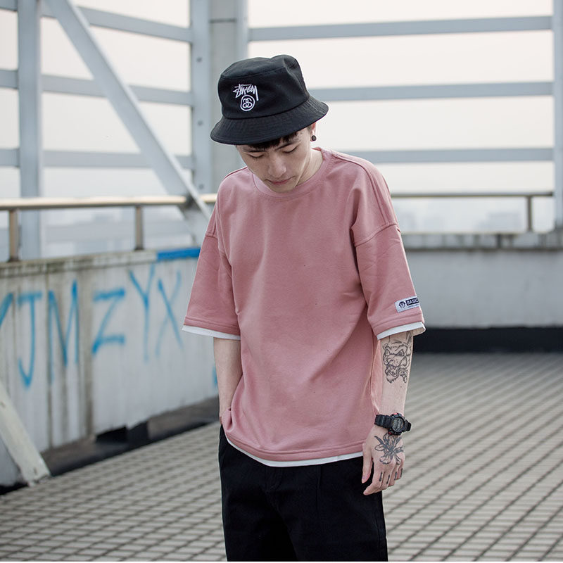 原创春夏新款日系T恤男小清新宽松落肩五分袖圆领5分袖青少年短袖