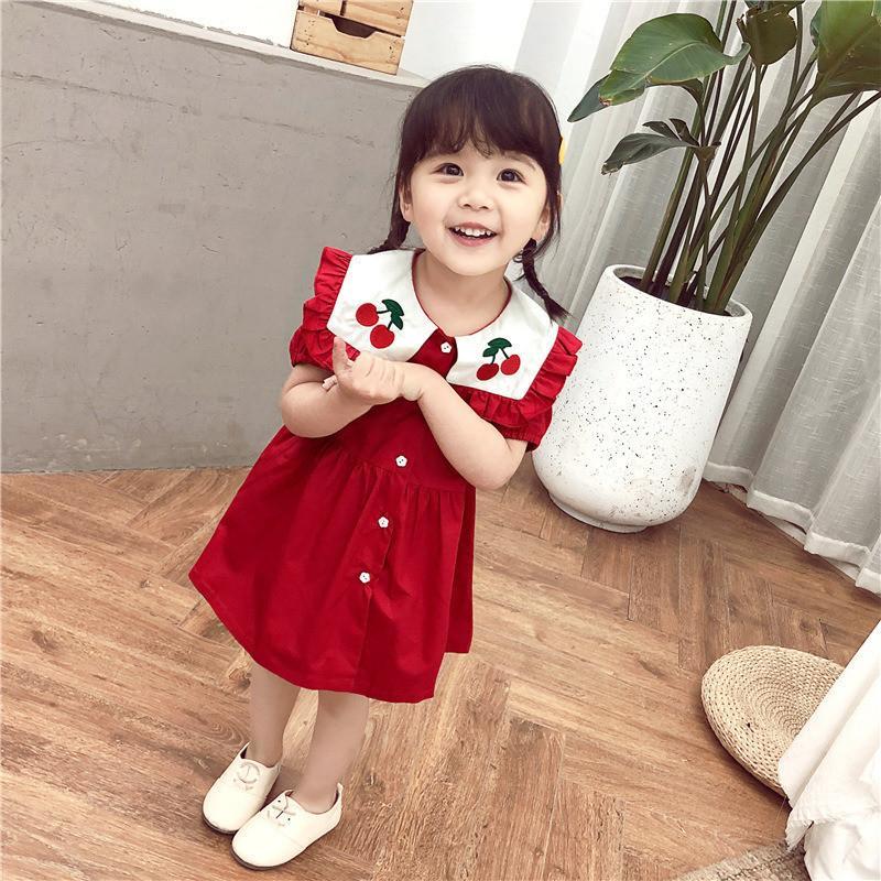 Girls summer cotton short sleeve dress 2021 New Korean baby Cherry embroidery lapel princess skirt (4