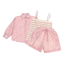 Beach seaside vacation parent-child outfit mother and daughter pink sun protection clothing 2024 new summer shirt set three-piece trendy set