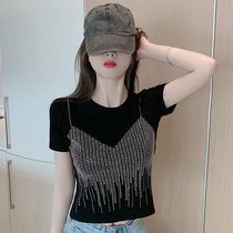 YouYou private clothing customization with the same recommended 2021 new womens hot diamond fake two short-sleeved T-shirts thin slim