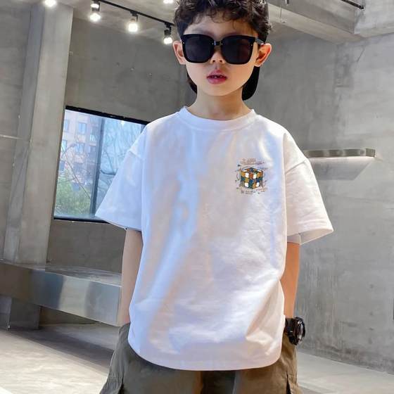 Pure cotton boys short-sleeved T-shirt 2022 new children's loose bottoming shirt tops loose summer clothes for big children half-sleeved 9