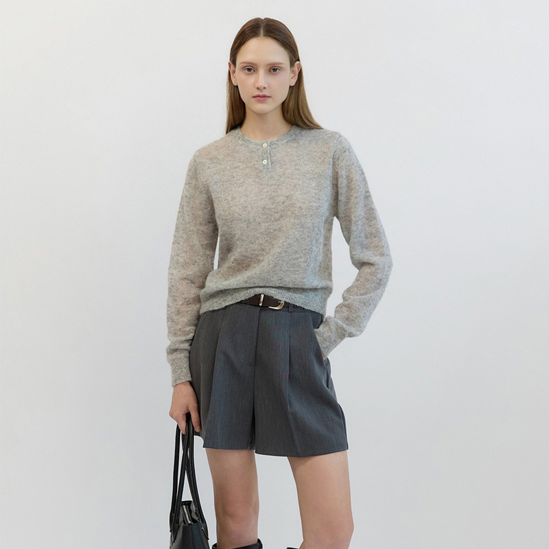 French-Style Soft Mohair Wool Blend Henley Collar Shell Button Knit Sweater Casual Heather Gray Long-Sleeve Sweater for Women French-Style Soft Mohair Wool Blend Henley Collar Shell Button Knit Sweater Casual Heather Gray Long-Sleeve Sweater for Women