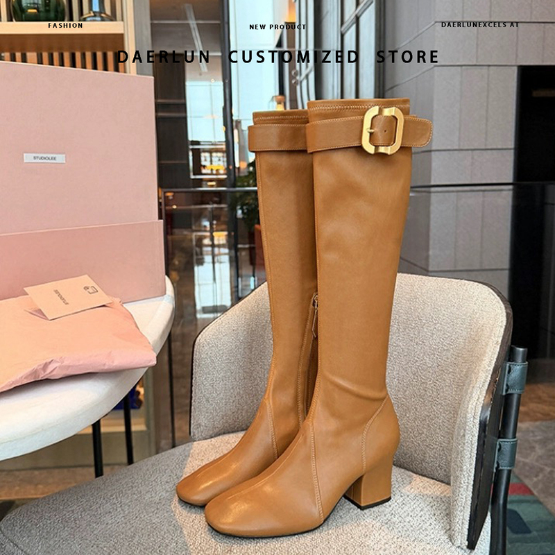 Sheepskin Version! Women's Miu Long Boots with Round Toe, Chunky Heel, High Boots with Belt Buckle, Over-The-Knee Caramel-Colored Riding Boots