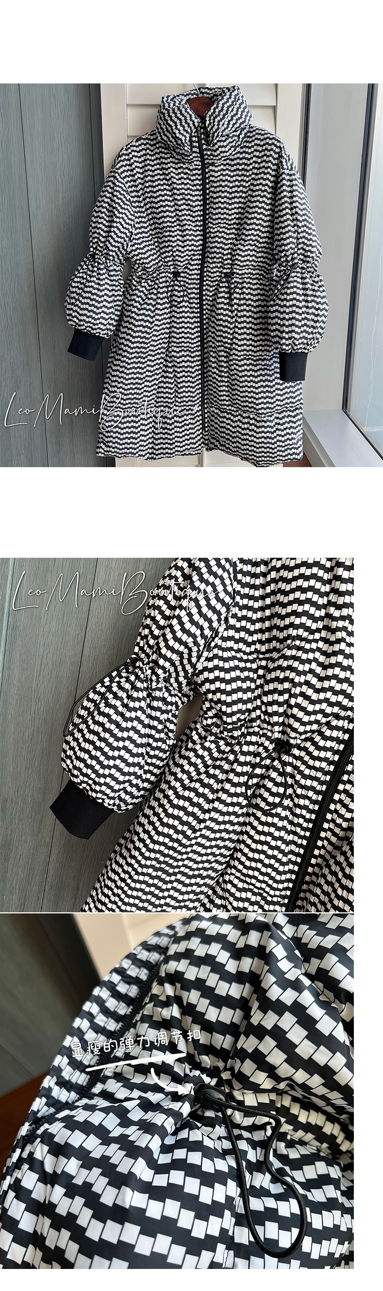 товар из китая leomami高端孕妇装冬季外套抽象黑白点中长款加厚保暖宽松羽绒服