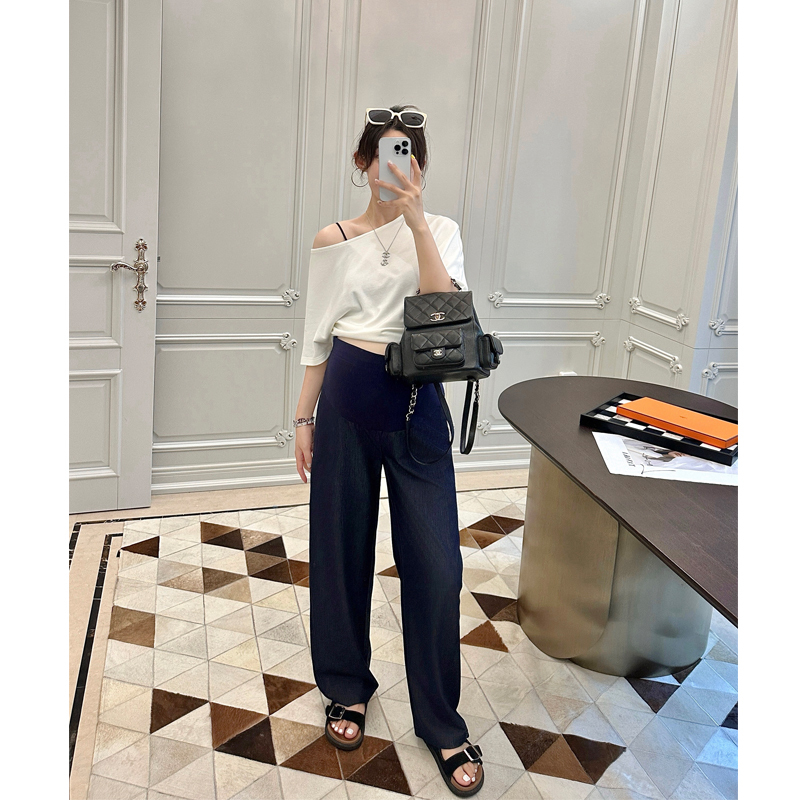 Leomami Maternity Wear Summer Tencel Imitation Denim Pants for Outer Wear, Thin, Loose, Fashionable and Elegant Wide-Leg Scimitar Pants