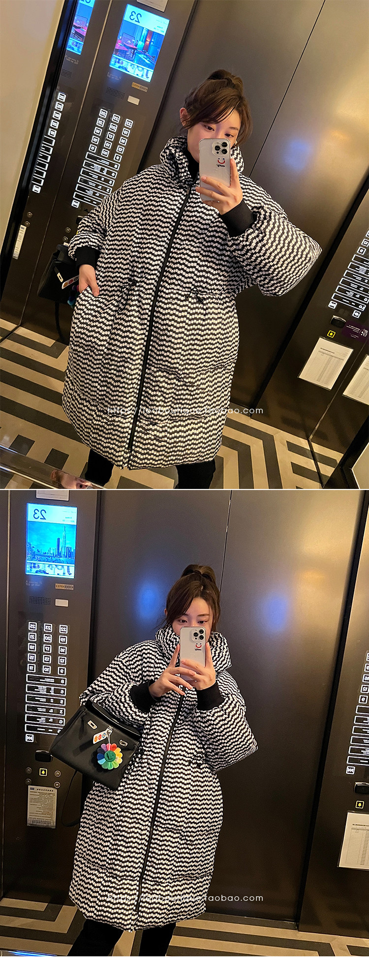 товар из китая leomami高端孕妇装冬季外套抽象黑白点中长款加厚保暖宽松羽绒服