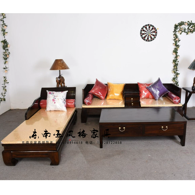 Phong cách Đông Nam Á cũ sofa cũ gỗ rắn đơn bàn cà phê đôi sofa ba mảnh phòng khách tùy chỉnh đồ nội thất - Bộ đồ nội thất