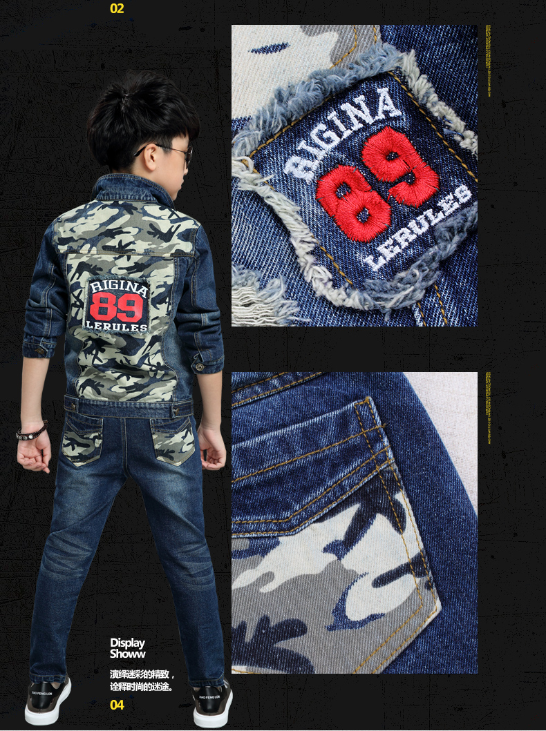 Bé trai mùa xuân và mùa thu tải denim phù hợp với 4 triều 5 tuổi 10 quần áo trẻ em 6 mùa thu hai hoặc ba bộ 8 nhỏ 9 bé trai 7 quần áo 12 thoi trang tre em