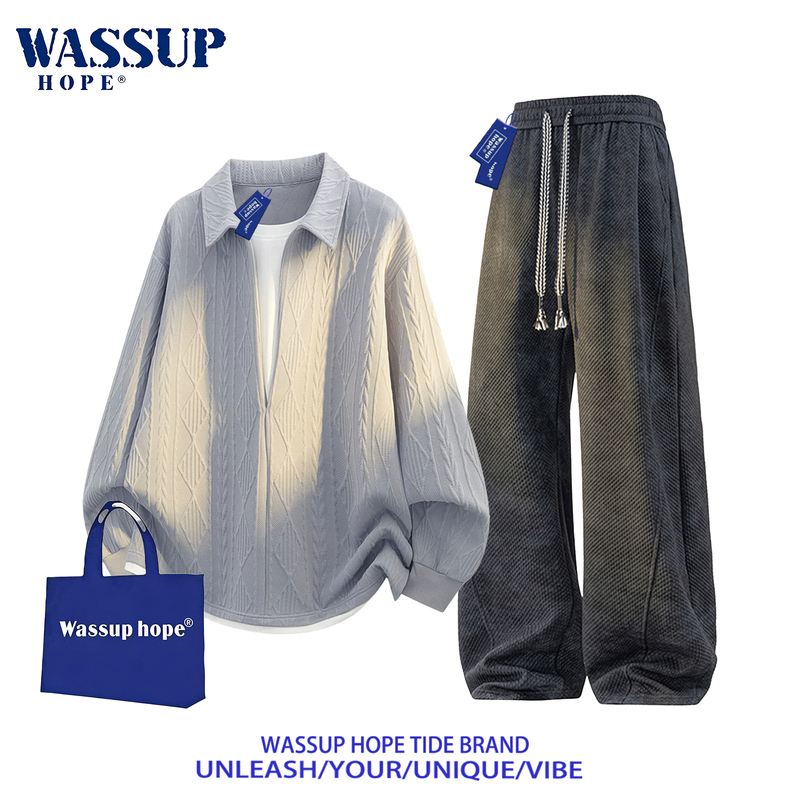 Wassup Hope Trendy Brand Suit for Men, Cool and Lazy Style, Knitted, Autumn Casual, Versatile American Style Two-Piece Set