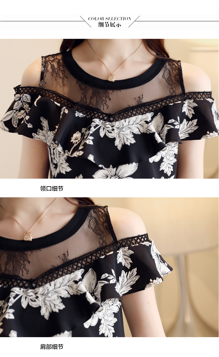 9219 # thực shot 2019 hè nữ siêu ngọt ngào lệch vai ngọt ngào ngắn cổ tròn tay ren in áo voan - Áo sơ mi chiffon ren sơ mi đen nữ