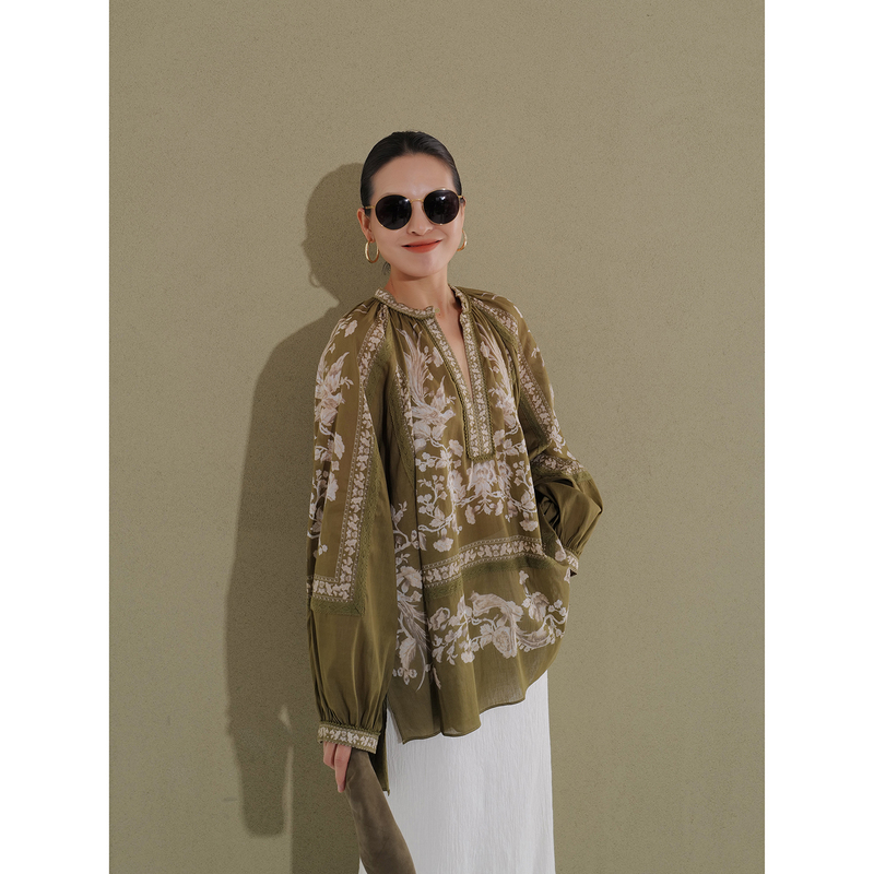 Breathable Ramie Material, Holiday Style Embroidered Lace Print, Green Women's Long-Sleeved Shirt Top 243600 Breathable Ramie Material, Holiday Style Embroidered Lace Print, Green Women's Long-Sleeved Shirt Top 243600