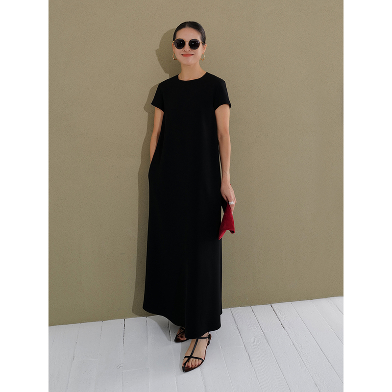 Acetate Little Black Dress Evening Gown Black Party Round Neck H-Line Short Sleeve Long Dress 186601 Acetate Little Black Dress Evening Gown Black Party Round Neck H-Line Short Sleeve Long Dress 186601