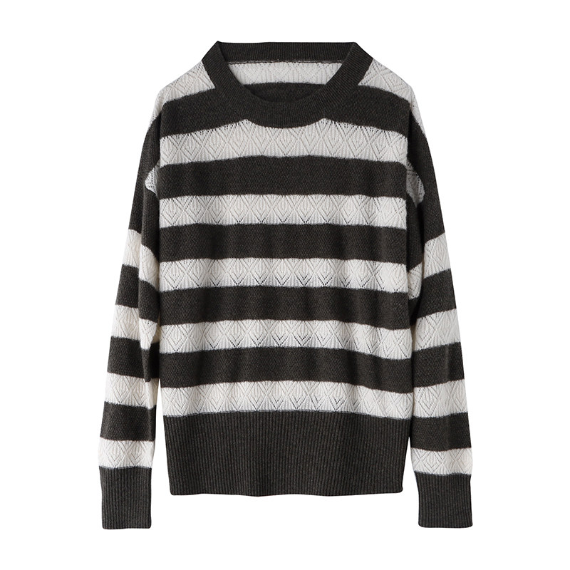 Yarn-dyed stripes, great texture, 200G full cashmere round neck, long sleeves, loose women's thin sweater 65973