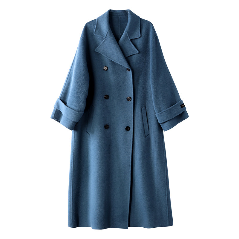 Self-contained temperament, full hand-stitched double-sided woolen women's suit collar, loose long double-breasted woolen coat 69396