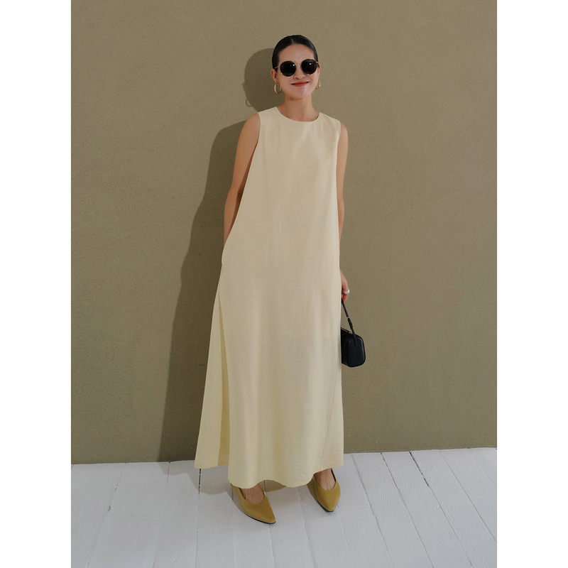 Scarce Japanese Tussah Silk Long Dress, Goose Yellow Round Neck H-Line Sleeveless Tank Dress 133501 Scarce Japanese Tussah Silk Long Dress, Goose Yellow Round Neck H-Line Sleeveless Tank Dress 133501