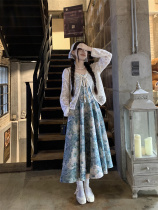 Large code preliminary spring retro ancient oil painting Crushed Flowers Harness with dress Skirt Woman Seaside Resort Long Skirt Hollowed-out Cardiovert two sets