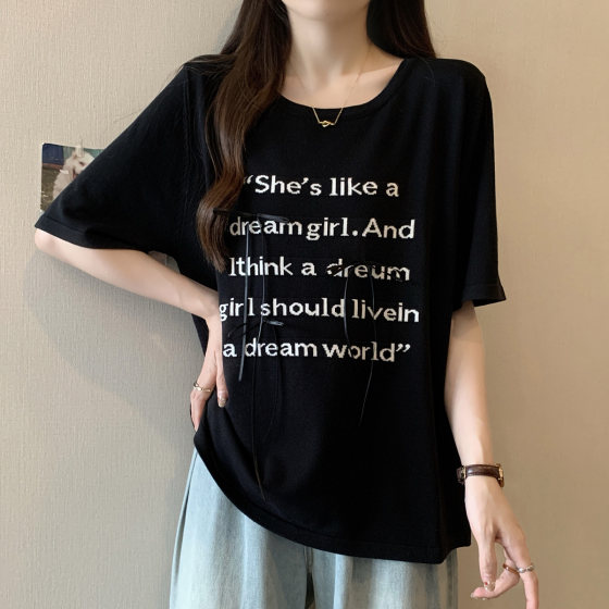 小吉家大码女装夏装新款胖mm提花蝴蝶结圆领正肩上衣宽松短袖T恤