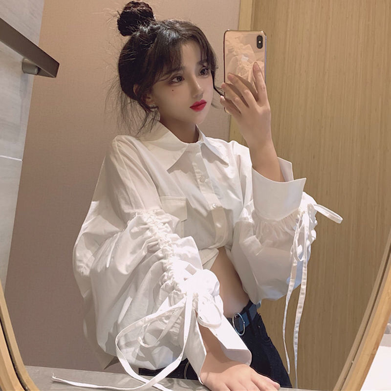 White Shirt for Women, Spring and Autumn, Lazy Style, Gentle Style, Drawstring Lantern Sleeves, Niche Loose Short Shirt White Shirt for Women, Spring and Autumn, Lazy Style, Gentle Style, Drawstring Lantern Sleeves, Niche Loose Short Shirt