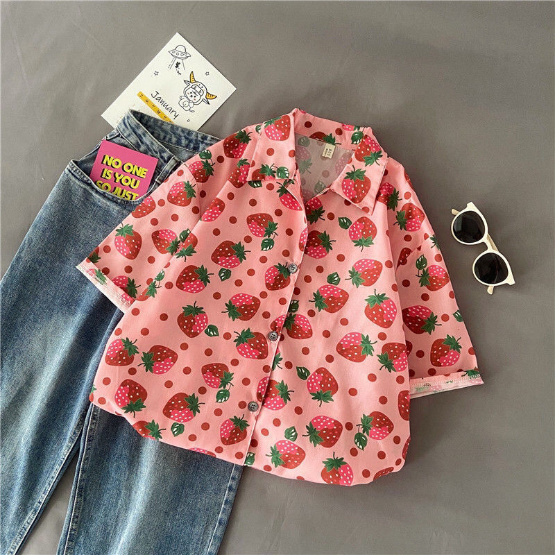 Pink Strawberry Print Short-Sleeved Shirt for Women 2024 Summer New Style Shirt Student Versatile Loose Large Size Top