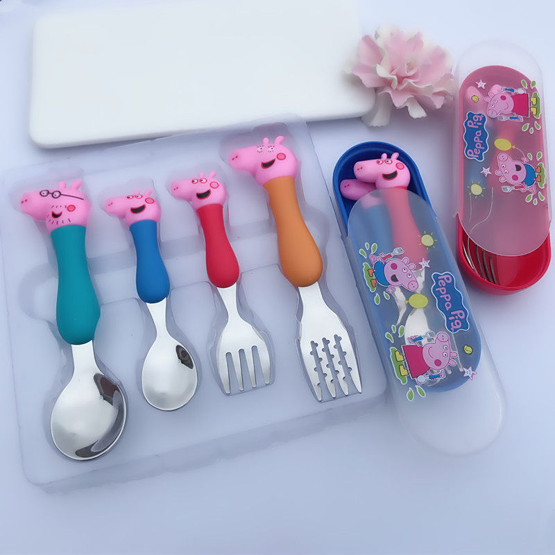 304 stainless steel children's tableware fork spoon set baby learn to eat baby portable cartoon training spoon