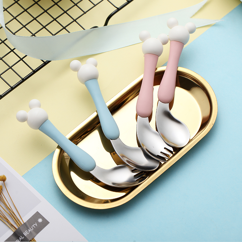 304 stainless steel children cutlery elbow spoon fork suit sidefood cartoon crooked the baby to eat and training spoon
