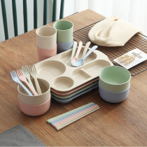 Creative wheat straw childrens tableware Baby learn to eat spoon fork chopsticks set Fall-proof bowl Cartoon grid plate