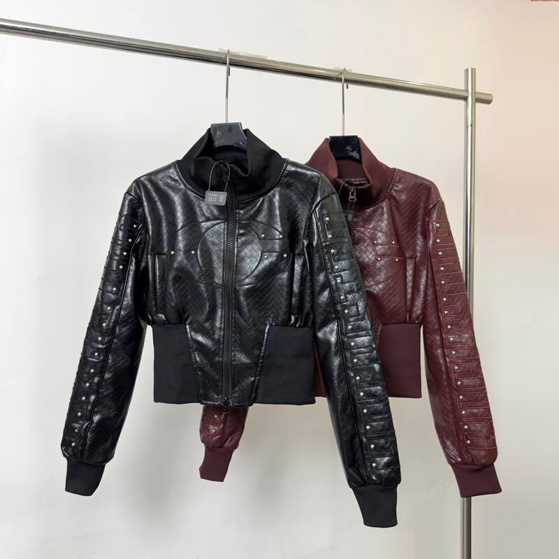 Leewu Niche American-Style Spicy Girl Heavy-Duty Studded Short Leather Jacket for Women with Stand Collar and Slim Fit Biker Jacket Leewu Niche American-Style Spicy Girl Heavy-Duty Studded Short Leather Jacket for Women with Stand Collar and Slim Fit Biker Jacket