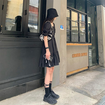 JOEYJOY 2020 new summer square collar five-point sleeve black cool A-line dress mid-length skirt female