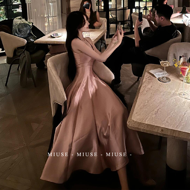 Strappy Dress, High-End Socialite Hepburn Style Birthday Party Mini Dress, Large Hem Long Dress, Waist-Cinching Princess Dress