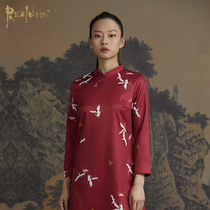 RECLUSE Yu Yin New Chinese style retro stand-up collar oblique lapel three-point sleeve retro crane print Cheongsam skirt dress