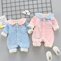 Baby girl plus velvet warm clothes autumn and winter baby Chinese style jumpsuit princess newborn thin velvet