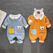Baby clothes autumn and winter thin velvet warm Ha clothes baby home jumpsuit men and women newborn clothes plus velvet autumn clothes