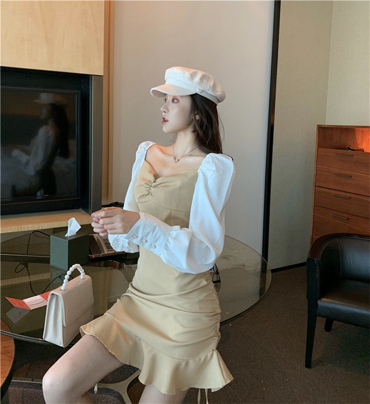 VK旗艦店 韓國風V領撞色桔梗魚尾拼接長袖洋裝