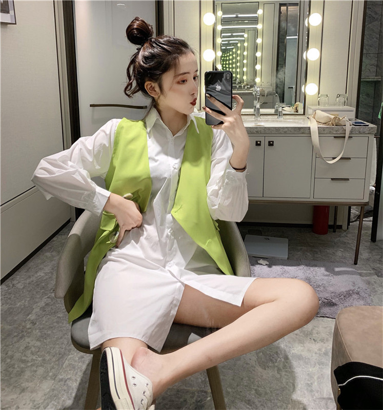 VK旗艦店 韓國風襯衫配馬甲復古長袖洋裝