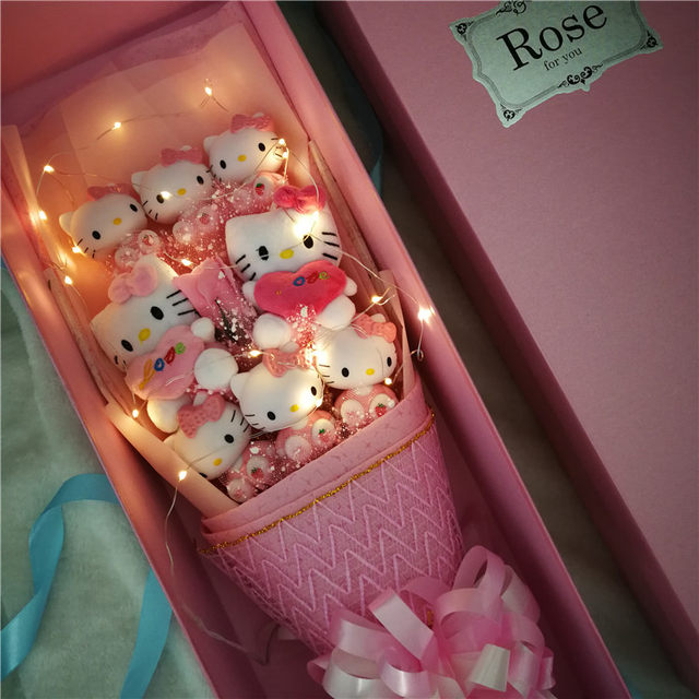 Kitty cat Creative doll ເຮັດດ້ວຍມືກາຕູນກາຕູນ Hello Kitty bouquet ກ່ອງຂອງຂວັນສໍາລັບວັນເກີດຂອງແຟນຈີນຂອງຂວັນວັນ Valentine's Day