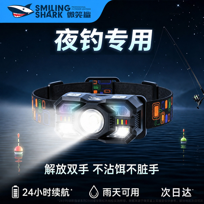 Smiling Shark Headlamp, Strong Light, Rechargeable, Ultra-Bright, Head-Mounted, Fishing, Outdoor, Long Battery Life, Smart Sensor, Led Night Fishing Smiling Shark Headlamp, Strong Light, Rechargeable, Ultra-Bright, Head-Mounted, Fishing, Outdoor, Long Battery Life, Smart Sensor, Led Night Fishing