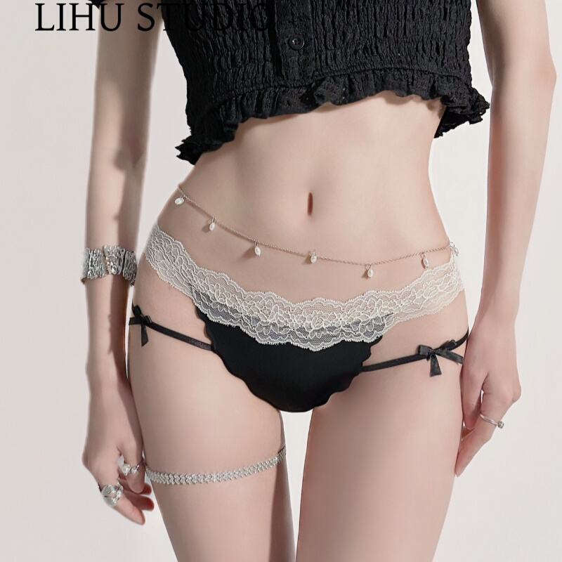 Lace-Trimmed Women's Panties with Pure Cotton Crotch, Breathable, Ultra-Thin, Low-Waist, Sexy, Alluring, Leg-Ring Triangle Shorts