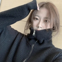 Japanese turtleneck sweater women wear loose Korean design sense niche lazy zipper stand-up collar knitted top in autumn and winter