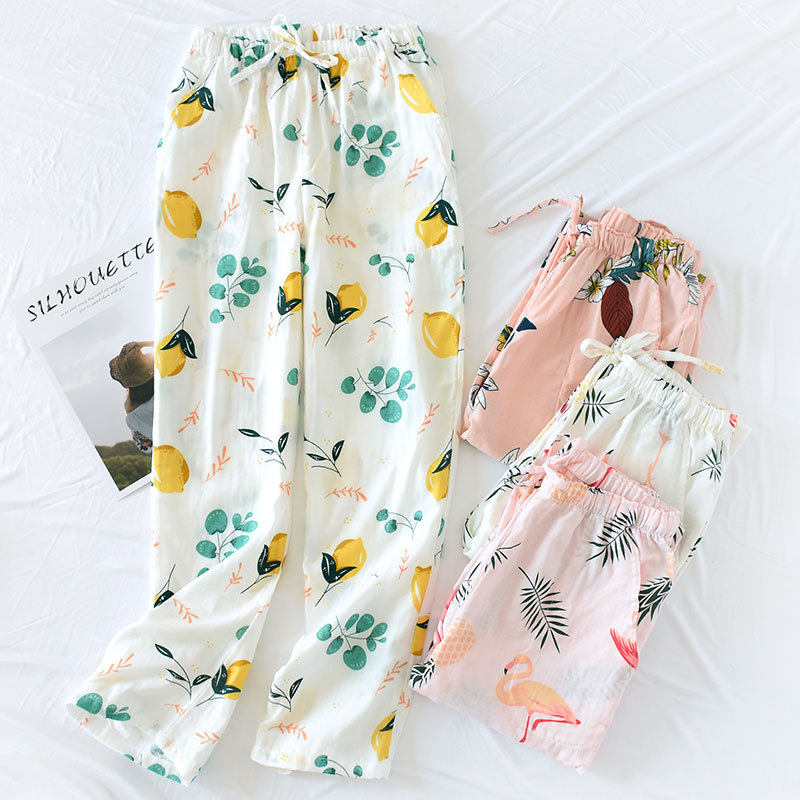 Sleeping Pants Lady Pure Cotton Long Pants Summer Gauze Loose Home Pants Air Conditioning Pants Casual large size Moonlight full cotton extras