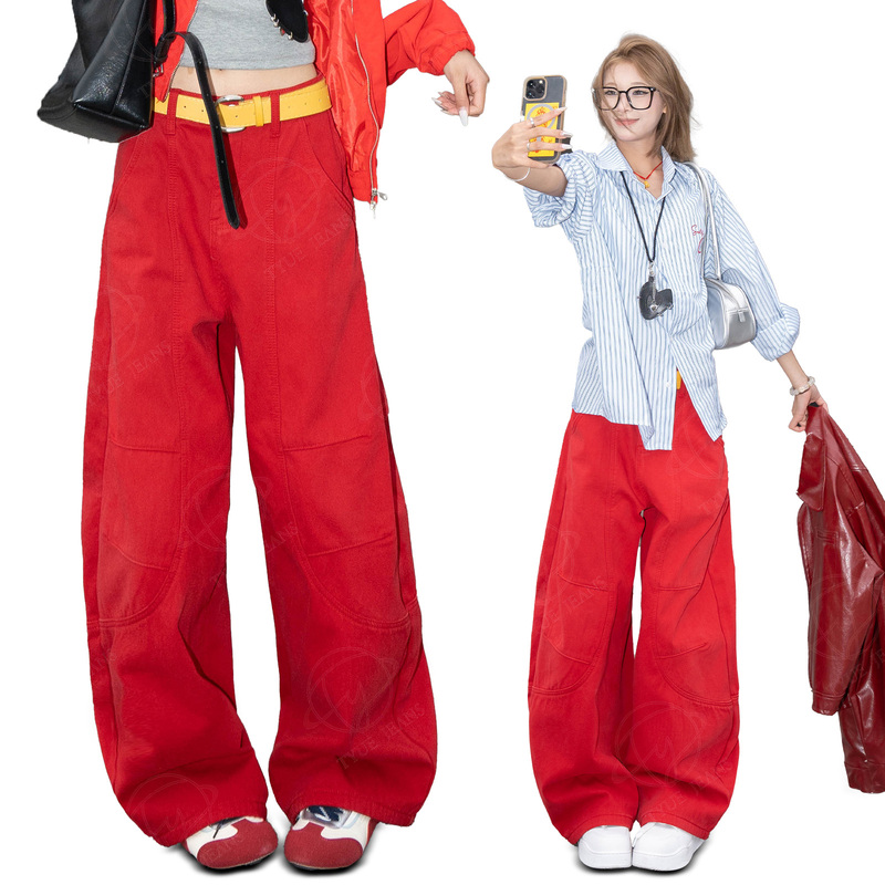 American Retro Scimitar Red Jeans for Women 2026 Summer New Loose Design Versatile Everyday Long Pants
