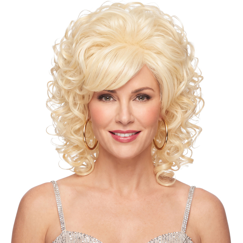 Dolly Parton, a European and American Singer, Performs with Golden Curly Hair in a Halloween Cosplay Wig