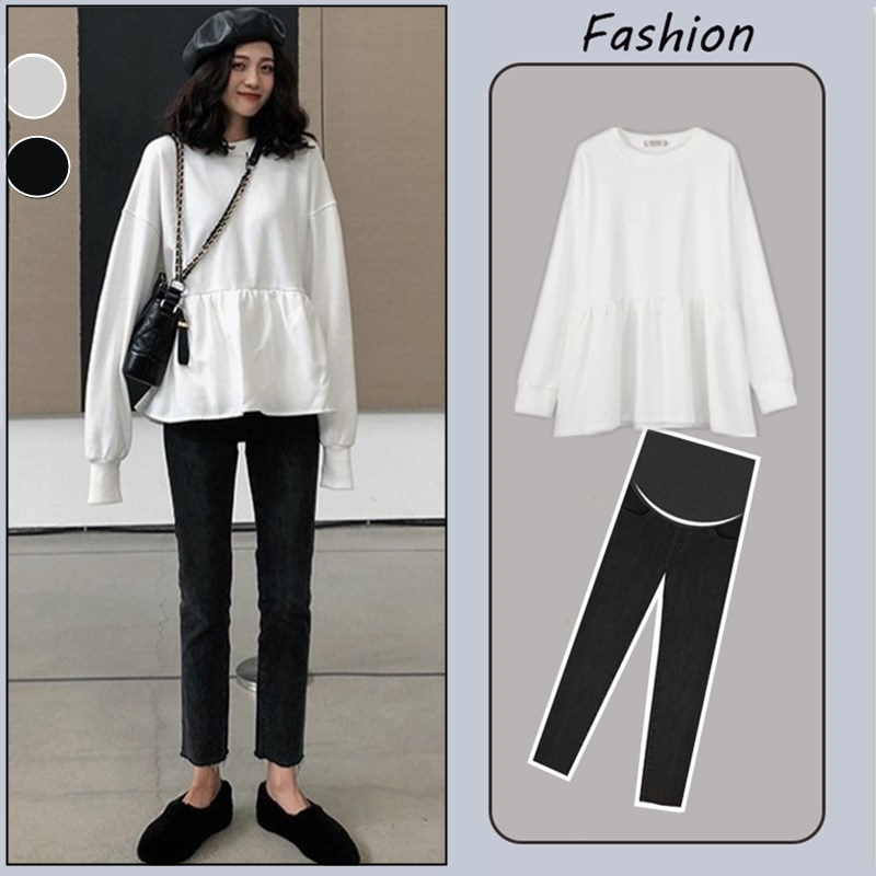 Maternity tops autumn long-sleeved loose sweater women's spring and autumn new mid-length fashion autumn suit two-piece