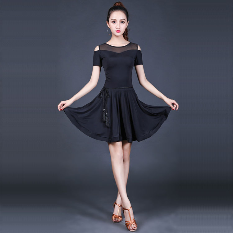 Latin Dance Dress Female Adult Short Sleeve Spring Summer New Dew Shoulder Lace Performance Dress Dance Short Dress Rehearse for a dress