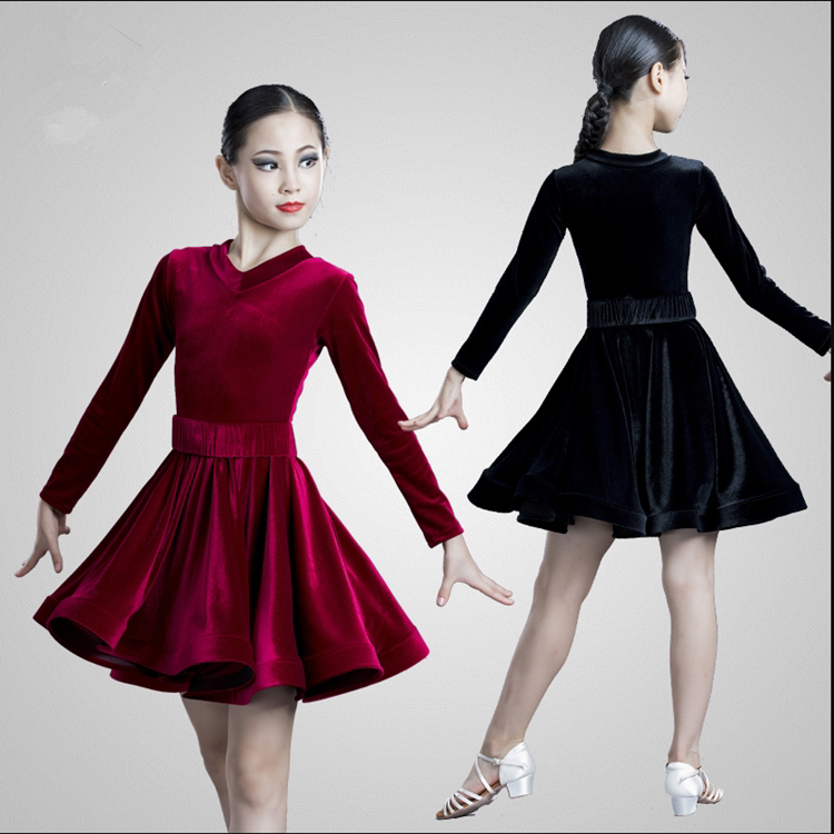 Latin dance dresses Gongfu Girls dress children's big swing performance Costume Competition Wear Velvet Autumn Winter New