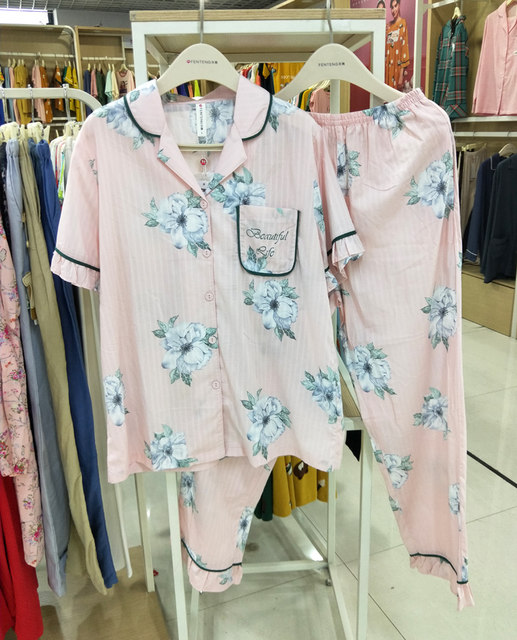 Fenton Pajamas ແມ່ຍິງພາກຮຽນ spring ແລະດູໃບໄມ້ລົ່ນເສອແຂນສັ້ນບາງໆ Woven ຝ້າຍຂະຫນາດໃຫຍ່ຂອງແມ່ຍິງເປີດປຸ່ມຫນ້າທໍາອິດເຄື່ອງນຸ່ງຫົ່ມ Summer Suit