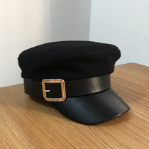 Korean version of metal buckle leather stitching military cap women's spring and autumn temperament Joker wool flat top cap duck tongue Bailey hat