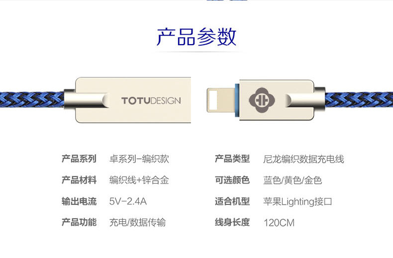 TOTU Zinc Alloy Connector Nylon Braided Quick Charge Lightning Cable for Apple iPhone iPad iPod